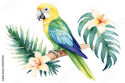 Beautiful tropical bird watercolor illustration hand drawing, parrot, flowers and palm leaf in isolated white background, Generative AI
