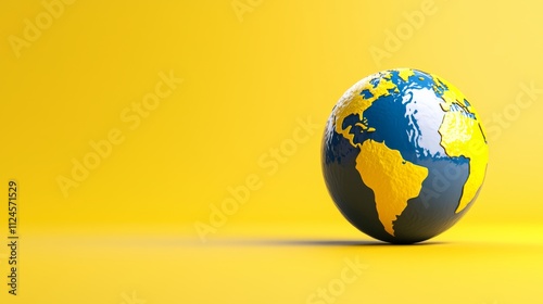 Fototapeta Naklejka Na Ścianę i Meble -  A yellow background with a blue and yellow globe on it. The globe is the size of a tennis ball
