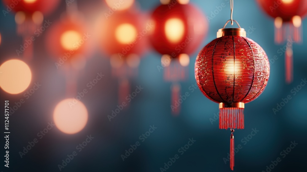 Fototapeta premium Decorations for Spring Festival concept. A vibrant display of red lanterns glowing softly, creating a warm and festive atmosphere, perfect for celebrations or cultural events.