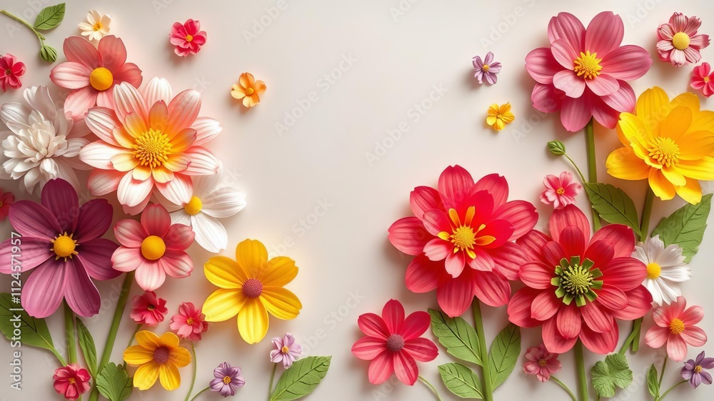 vibrant 3D paper cut flowers in various colors layered on bright background, spring, artistic vibrant 3D paper cut flowers in various colors layered on bright background, spring, artistic