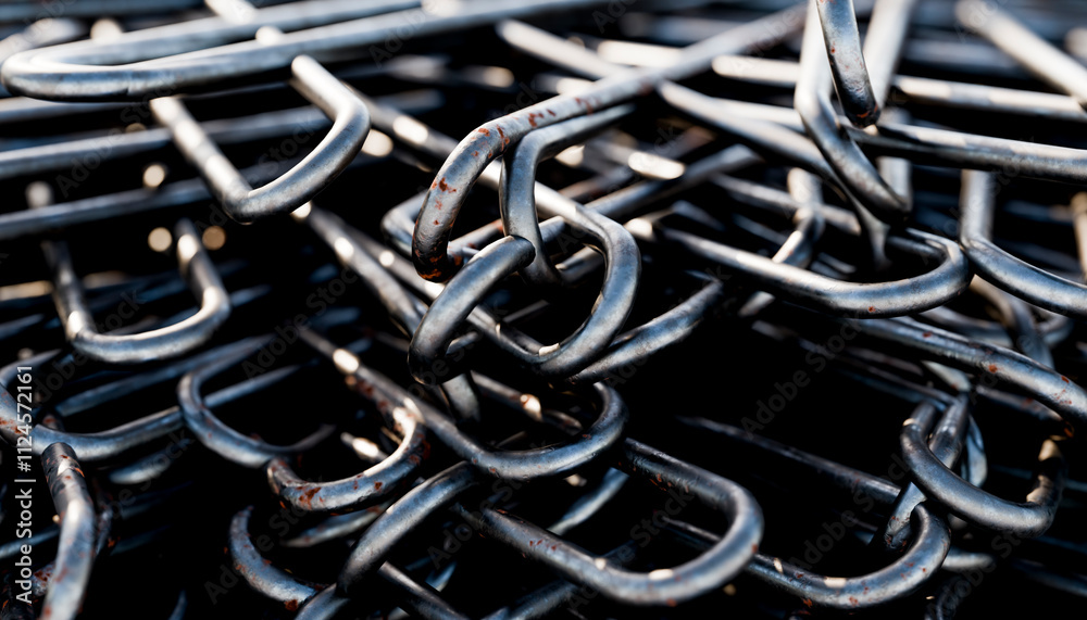 Closeup of tangled metal chain links in an industrial setting Closeup of tangled metal chain links in an industrial setting