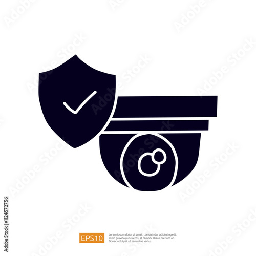 The image features a shield symbolizing security and protection, alongside a camera icon, representing surveillance and monitoring.