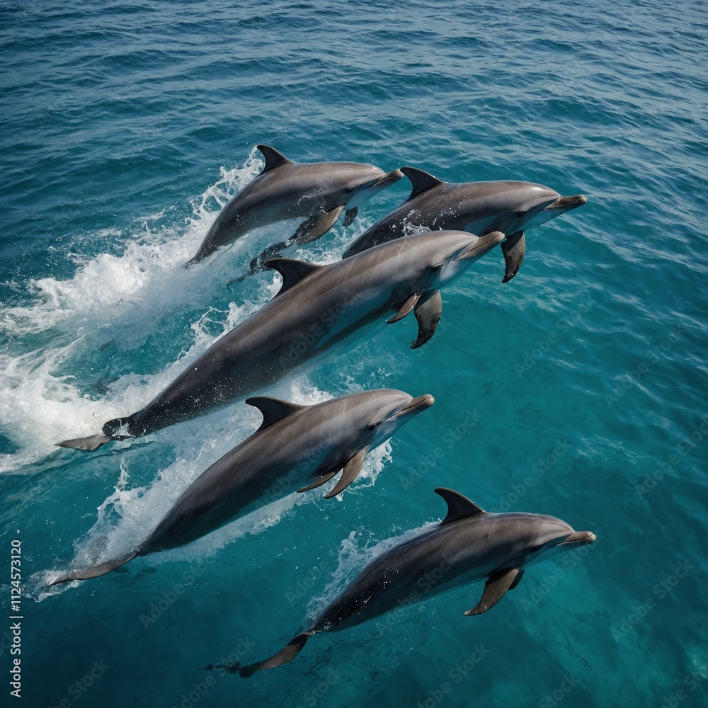 Obraz premium A playful group of dolphins racing a boat in clear waters.