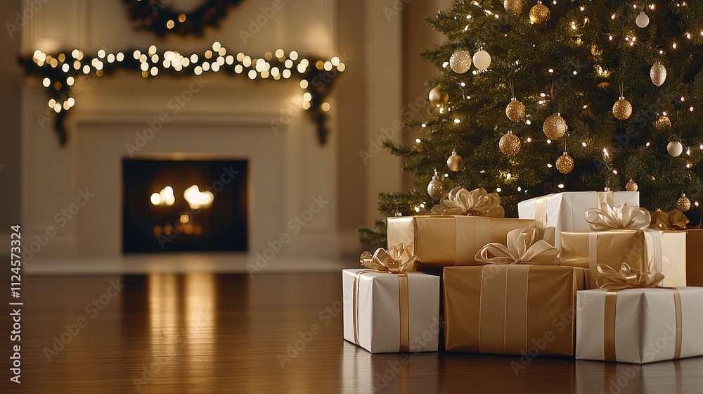 Presents are arranged under a Christmas tree, glowing softly with lights while creating a warm, inviting holiday ambiance in the room Presents are arranged under a Christmas tree, glowing softly with lights while creating a warm, inviting holiday ambiance in the room
