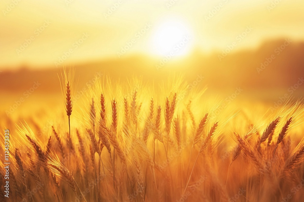 Sunlight glows over a golden wheat field at sunset near a serene horizon. Generative AI Sunlight glows over a golden wheat field at sunset near a serene horizon. Generative AI