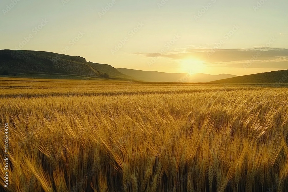 Obraz premium Golden wheat field under a vibrant sunset in rural landscape. Generative AI