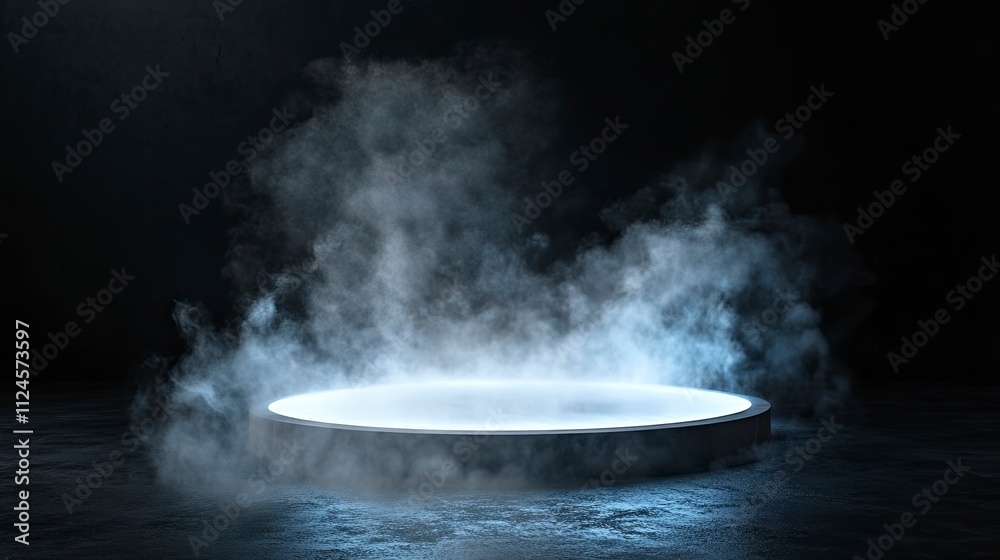 Empty Round platform emerging from a mysterious dry ice smoke on a black background, creating an ideal setting for product showcasing. Empty Round platform emerging from a mysterious dry ice smoke on a black background, creating an ideal setting for product showcasing.