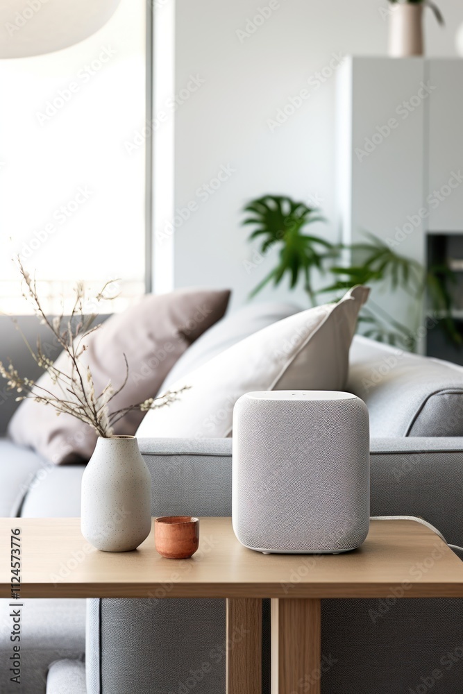 Voice-activated smart speaker in living room with stylish decor Voice-activated smart speaker in living room with stylish decor