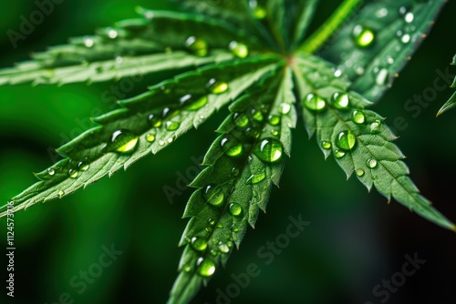 Vivid macro of wet cannabis leaf, alternative health and medicine