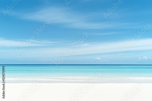 Serene beach view with clear blue sky and calm turquoise water during the day. Generative AI