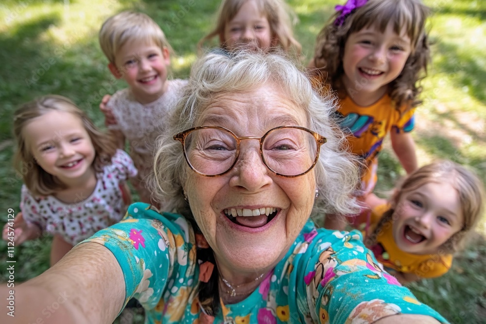 Fototapeta premium Elderly woman enjoys a joyful moment with smiling children in a sunny park. Generative AI