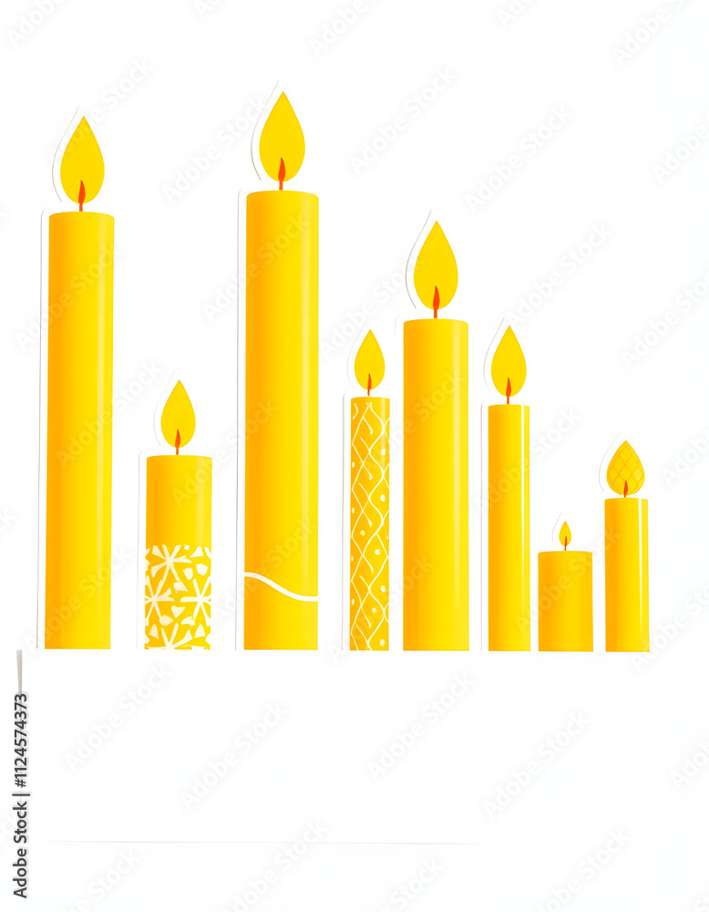 Large yellow candles with different cut out pattern on isolated white banner, sticker style Large yellow candles with different cut out pattern on isolated white banner, sticker style
