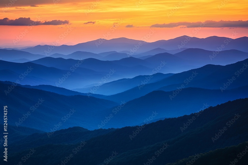 Vibrant sunset over layered mountains creates a stunning evening landscape. Generative AI Vibrant sunset over layered mountains creates a stunning evening landscape. Generative AI