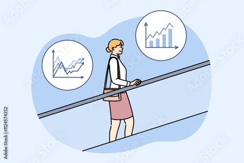 Business woman stands on escalator and moves up career ladder, located among financial charts. Concept career growth through ambition and motivation to achieve your goals or increase your own income