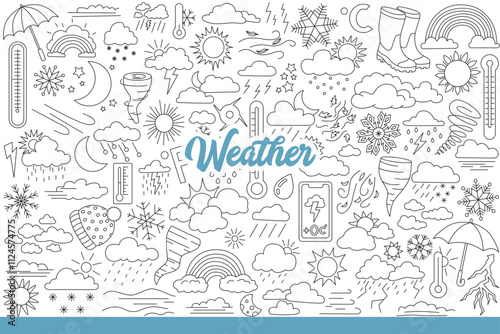 Weather and climate symbols symbolizing onset of winter or summer and autumn with spring. Clouds and sun or moon with snowflakes for weather forecast design in magazine. Hand drawn.