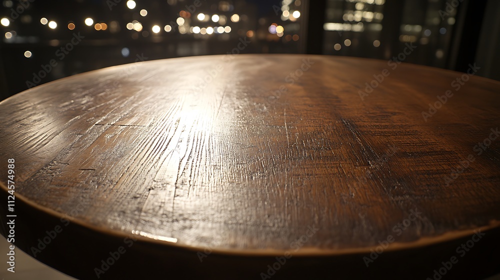 Obraz premium Round Wooden Tabletop Night City Lights Background