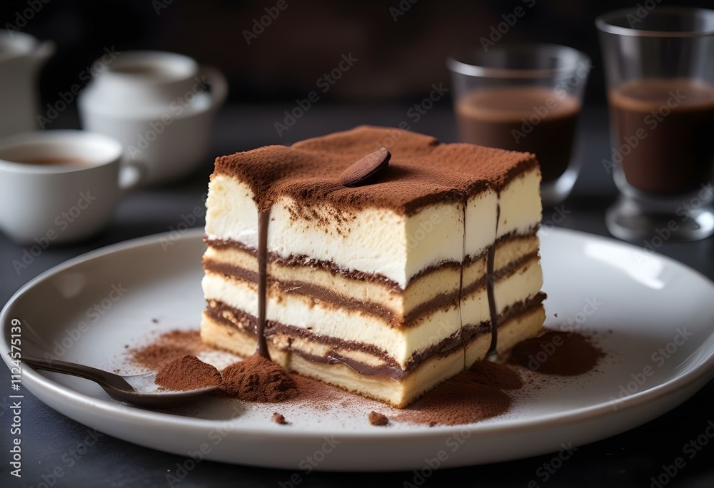 A slice of tiramisu dessert on a plate, with layers of coffee-soaked ladyfingers, creamy mascarpone, and dusted with cocoa powder A slice of tiramisu dessert on a plate, with layers of coffee-soaked ladyfingers, creamy mascarpone, and dusted with cocoa powder