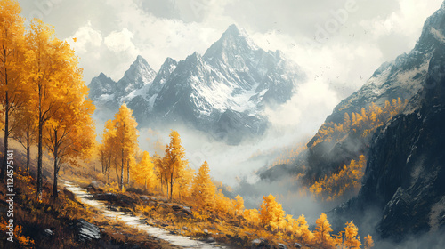 A peaceful alpine autumn morning, with mist rising from the valley and golden trees lining a mountain path, surrounded by towering peaks.