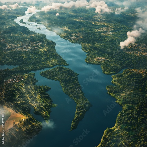 Aerial view of the Amazon River surrounded by green trees photo