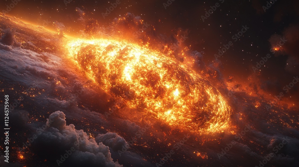 A fiery cosmic scene depicting a celestial body in space. A fiery cosmic scene depicting a celestial body in space.