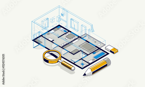 Floorplan implementation drawing with pencil, flat plan residential house or apartment blueprint, 3D isometric vector illustration, interior design project top view.