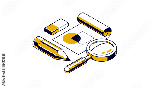 Engineering project concept, paper document blueprint with pencil engineer work job vector 3D isometric illustration, abstract plan drawing, cad scheme icon.