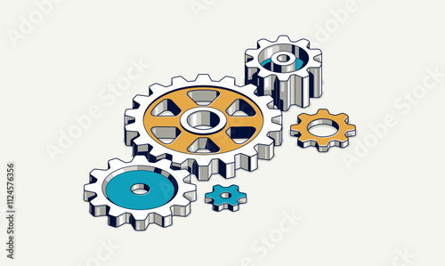 Industry and manufacturing concept, gears and cogs composition isometric 3D vector illustration, cogwheels system technology and technics machinery engine.