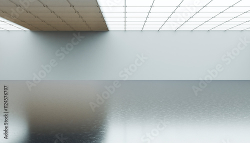 Modern illuminated minimalist interior 3D rendering with reflective floor and geometric design.
