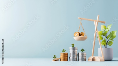 Visualizing Financial Growth: A Creative Representation of Wealth Balance, Coins, and Plants Showcasing the Importance of Sustainable Investment and Prosperity