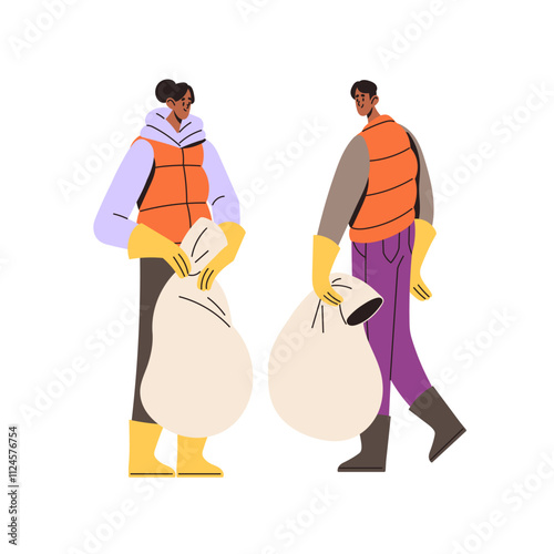 Volunteers care about environment, collect waste into litter bags. People cleaning, protect ecology. Cleaners hold packages of trash, garbage. Flat isolated vector illustration on white background