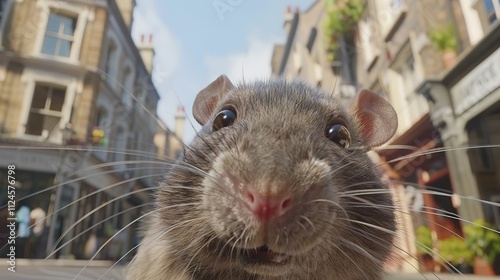 Large rat with detailed realistic texture standing on city street, looking directly at camera, urban environment presence emphasized. photo