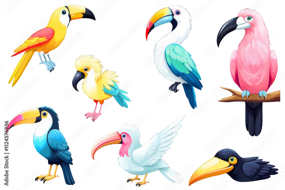 Naklejka premium Set of birds, parrot, flamingo, hummingbird and toucan, isolated white background, watercolor hand drawn collection, Generative AI