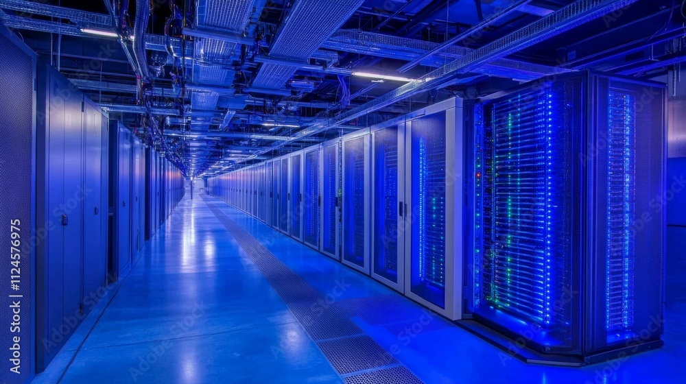 Modern Data Center Interior with Server Racks and Blue LED Illumination Modern Data Center Interior with Server Racks and Blue LED Illumination