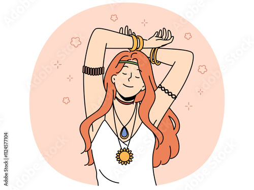 Hippie woman with amulet and bracelets on hands closes eyes, feeling pleasure or euphoria, and slowly dances with hands up. Red-haired young girl bows to hippie or woodstock subculture