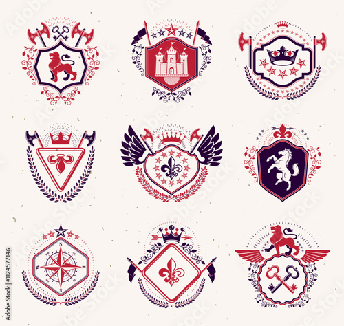 Set of vector retro vintage insignias created with design elements like medieval castles, armory, wild animals, imperial crowns. Collection of coat of arms.