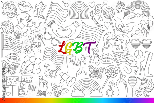 LGBT symbols for pride month and fight against discrimination against gays and lesbians. LGBT abbreviation on background to support transgender people from queer community. Hand drawn.