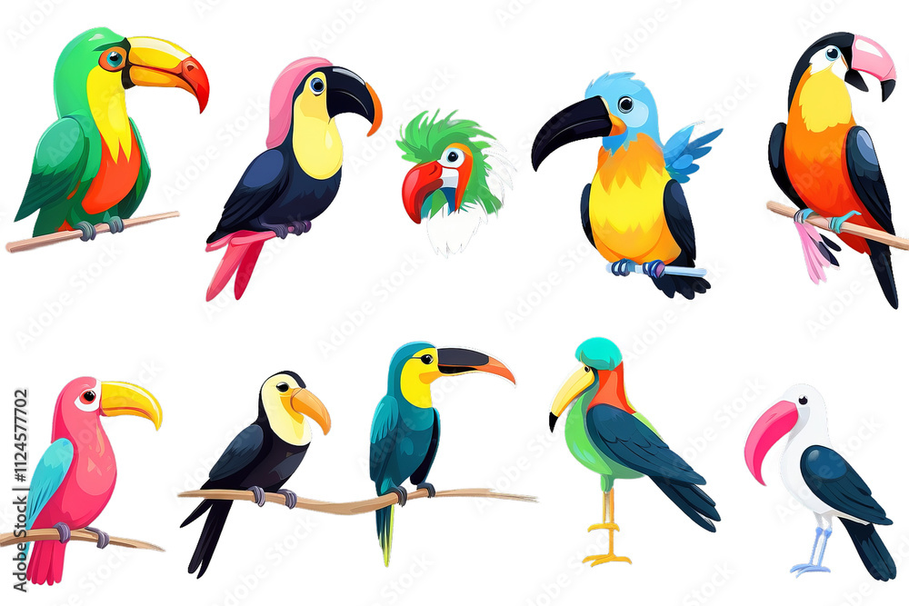 Set of birds, parrot, flamingo, hummingbird and toucan, isolated white background, watercolor hand drawn collection, Generative AI Set of birds, parrot, flamingo, hummingbird and toucan, isolated white background, watercolor hand drawn collection, Generative AI