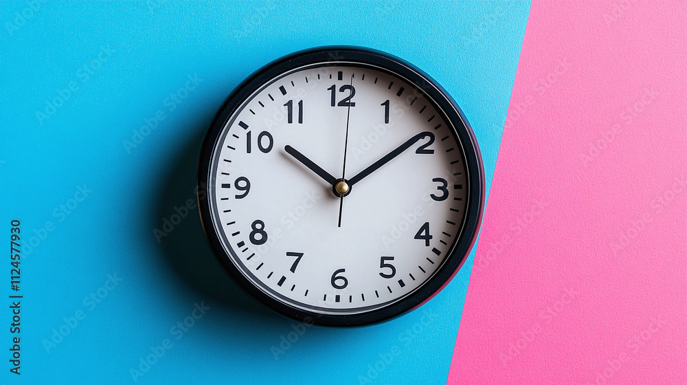 Minimalist clock on blue and pink background, concept of time. Minimalist clock on blue and pink background, concept of time.