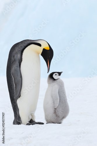 Emperor Penguin adult and chick on Snow Hill Island, Antarctic Peninsula, Antarctica. photo