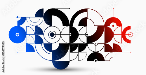 Abstract geometric pattern vector background isolated, tech style engine looks like composition, engineering draft style pattern, red black and blue.