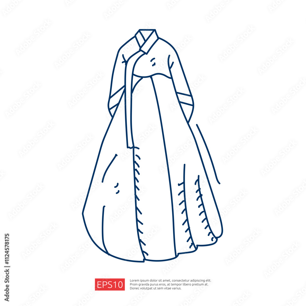 A simple line drawing of a traditional hanbok, a Korean dress characterized by its elegant silhouette and vibrant colors. It showcases cultural heritage and fashion. A simple line drawing of a traditional hanbok, a Korean dress characterized by its elegant silhouette and vibrant colors. It showcases cultural heritage and fashion.