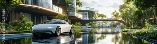 A sleek, futuristic car is parked beside a tranquil river, surrounded by modern architecture and lush greenery, embodying an eco-friendly urban landscape.