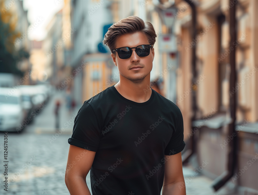 Man with sunglasses wearing blank empty black t-shirt mockup posing outdoors Man with sunglasses wearing blank empty black t-shirt mockup posing outdoors