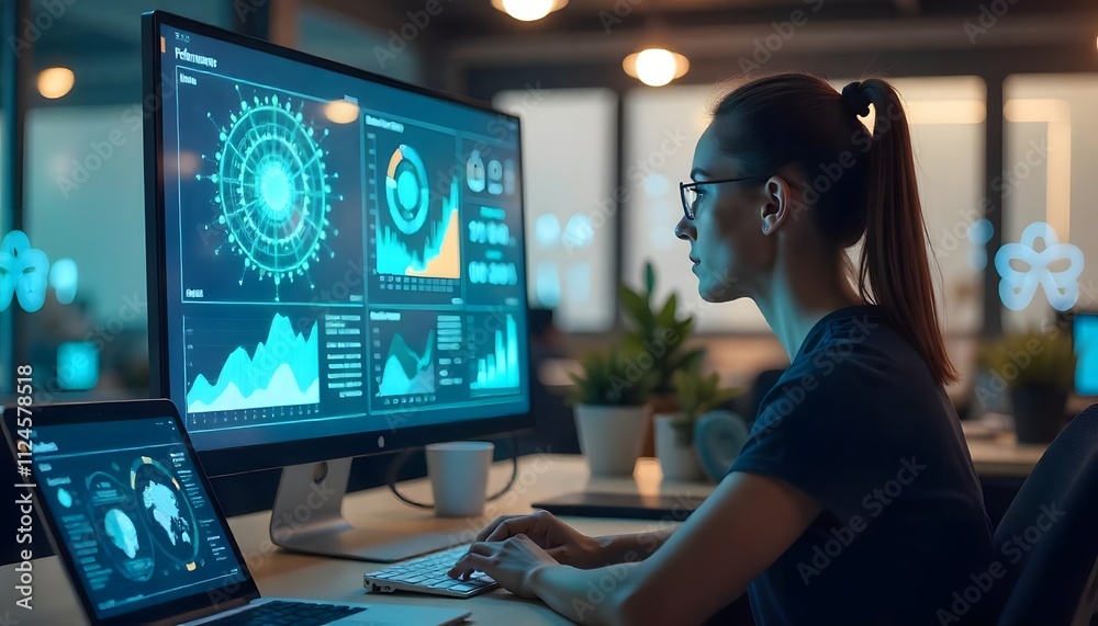Female Analyst Reviewing Business Statistics on Digital Dashboard Female Analyst Reviewing Business Statistics on Digital Dashboard