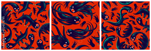 Scary horror monsters seamless vector textile pattern set, beasts creatures endless wallpaper, stylish background for Halloween theme, funny picture collection.