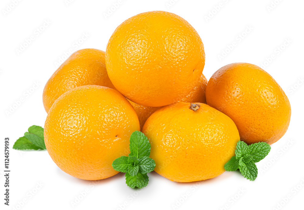 A fresh pile of ripe oranges with green mint leaves arranged on a white background showcasing vibrant colors and natural beauty A fresh pile of ripe oranges with green mint leaves arranged on a white background showcasing vibrant colors and natural beauty