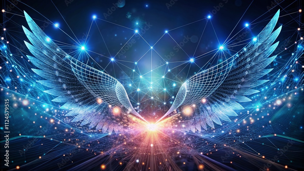 Obraz premium Abstract Representation of Wings Shapes Connected by Dots and Lines, Evoking a Sense of Science and Technology in a Modern Aesthetic Composition Using the Rule of Thirds
