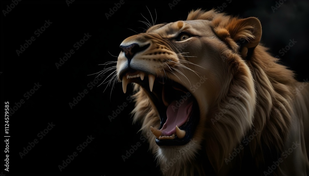 Naklejka premium A close-up portrait of a powerful golden lion with its mouth open , revealing sharp teeth and glowing eyes against a dark background