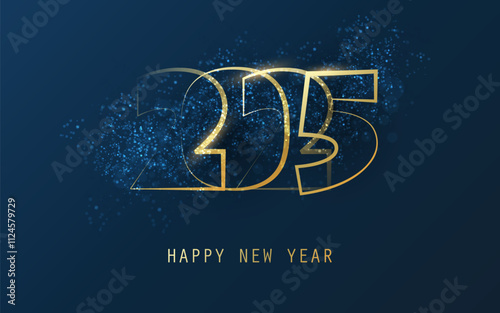 Dark Blue Christmas and New Year Card Background Design with Snow, Glitter and Big Golden Year Number Outlines - Illustration in Editable Vector Format - 2025