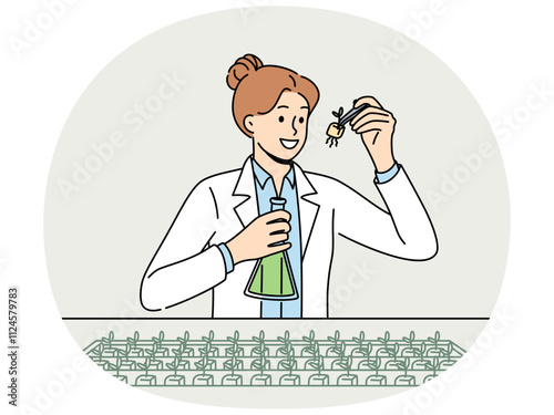 Woman agricultural scientist examines plants in laboratory, selecting new varieties of wheat. Concept of food technologies and use of genetic modification by scientists in selecting to fight hunger